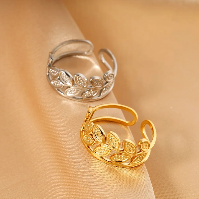 Adjustable Zircon Ring Titanium Steel 18k Gold Plated Rings Jewelry Women Leaf Geometric Cast Ring Stainless Steel