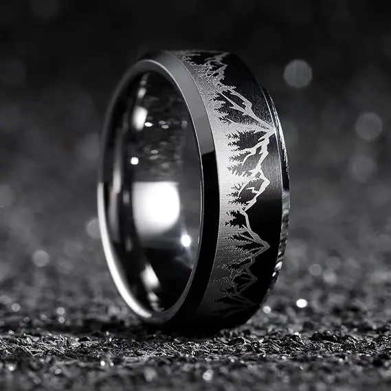 8mm Black Plated Men Laser Tungsten Ring with Laser Pattern comfort It Ring