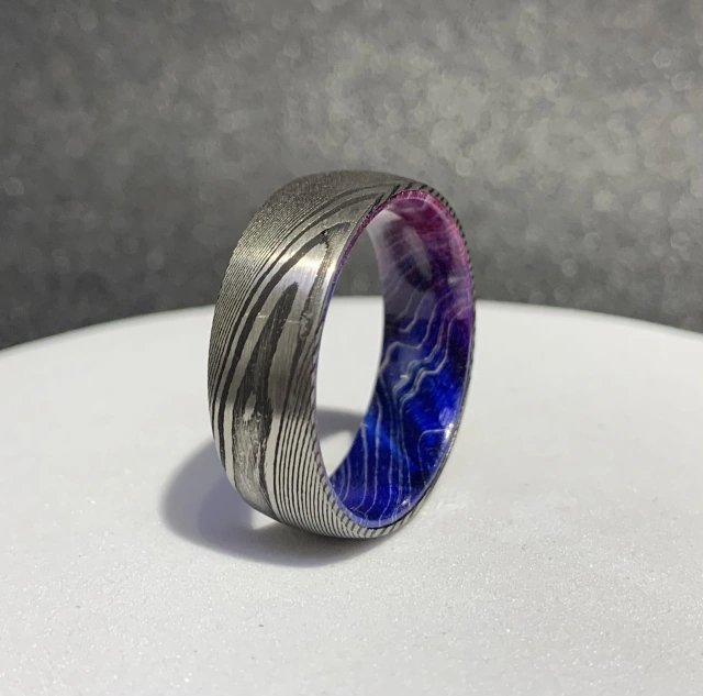 Mens Damascus Steel Wedding Ring 8mm Inlaid With Blue Purple Box Elder Wood Comfort Fit