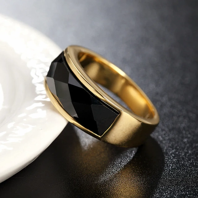 2024 Guangzhou Fashion Rings Natural Black Stone Stainless Steel Silver Rings for Men Wedding Rings