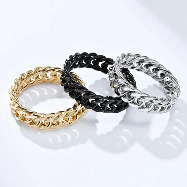 Fashion Cuban Link Chain Rings Stainless Steel Gold Silver Mirror Polished Ring for Women Men Double Weave Chain Finger Ring