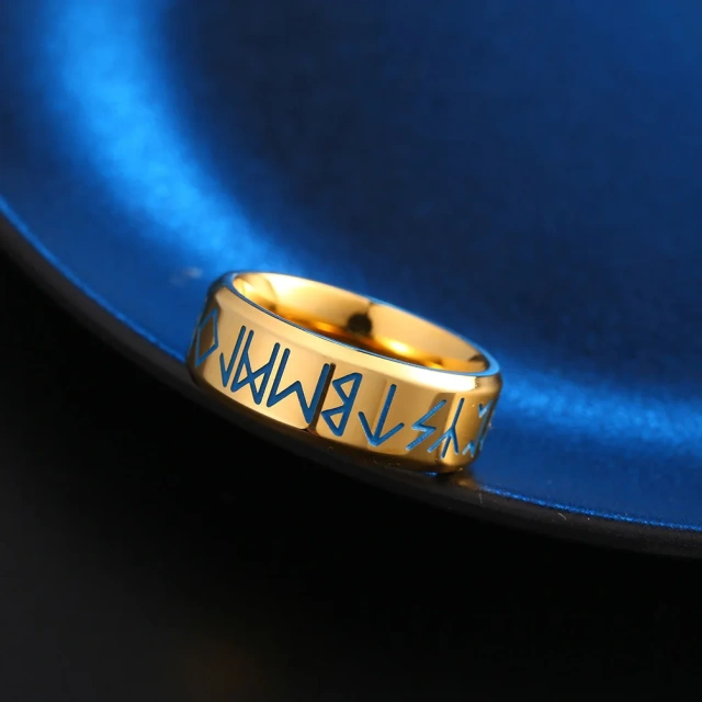 In Stock Simple European Style Men's Ring Jewelry 8MM Engraved Nordic Viking Luminous Glow Ring Stainless Steel Rings