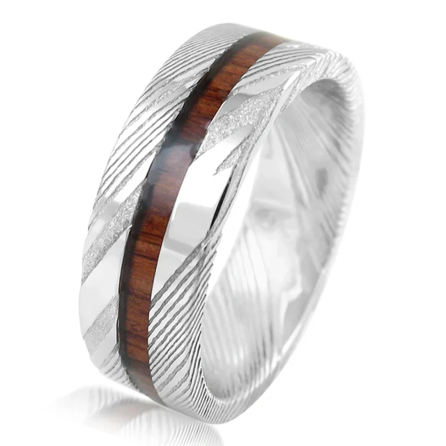 Luxury Men Jewelry Silver Plated Damascus Steel Ring for Men Inlay Wood Damascus Steel Ring With groove
