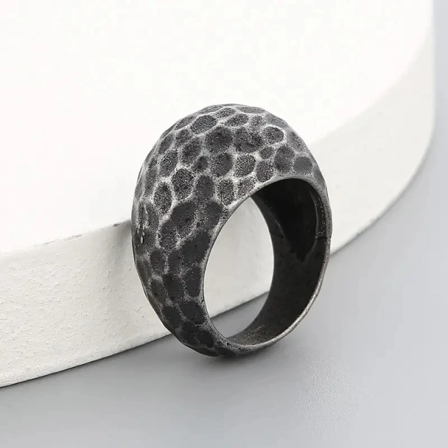 In Stock Men Unique Retro Gold/silver/black Stainless Steel Pitted Surface Jewelry Ring