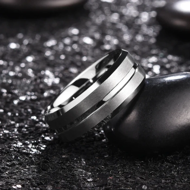 Wholesale 8mm Grooved Brushed Tungsten Rings - Beveled Edge
