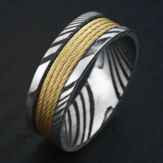 8mm Unisex or Mens Real Damascus Steel Ring Silver Tone Band Inlay and Yellow Gold Wire Inlay Top/Wedding Ring