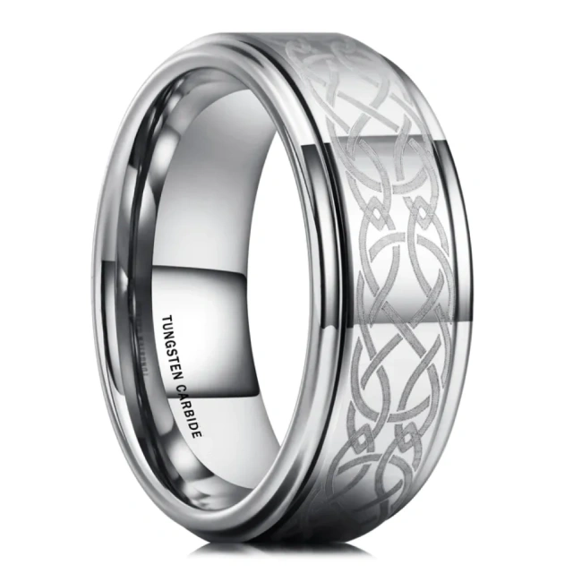 Custom 8mm Silver Tungsten Rings - Laser Engraved Stepped Edges