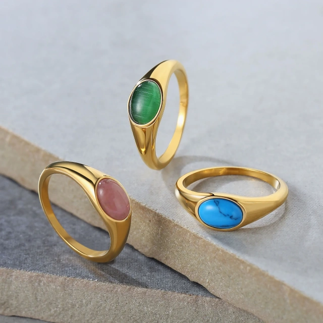 Wholesale Retro Hip Hop Style New Stainless Steel Jewelry 18k Gold Mosaic Natural Stone Turquoise Ring for Women