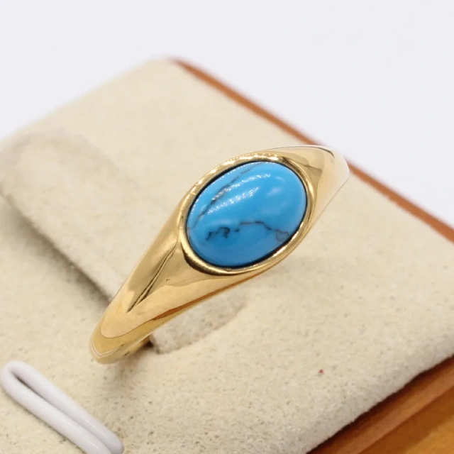 Wholesale Retro Hip Hop Style New Stainless Steel Jewelry 18k Gold Mosaic Natural Stone Turquoise Ring for Women