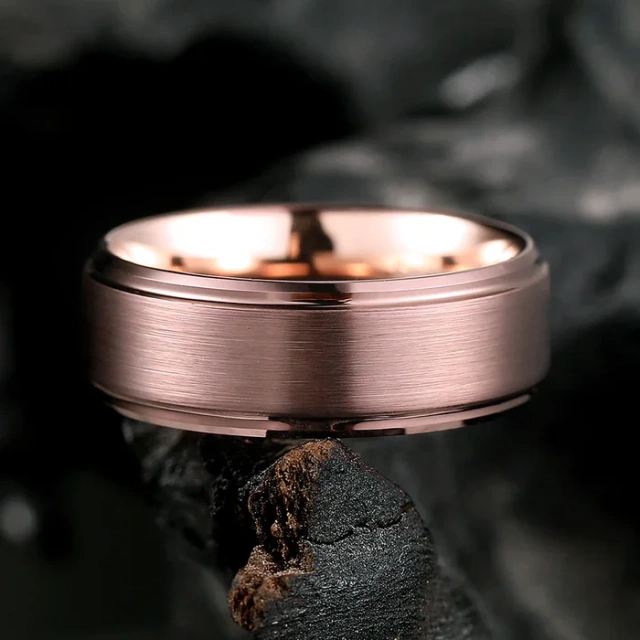 8mm Rose Gold Plated Tungsten Rings - Brushed Stepped Beveled