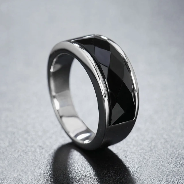8mm Titanium Steel Fashion Stainless Steel Rings With Black Stone for Men Wedding Ring Jewelry