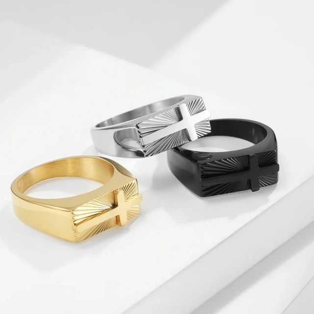 Classic Cross Signet Rings Men Fashion Titanium Steel Geometric Rectangular Ring Christian Jewelry