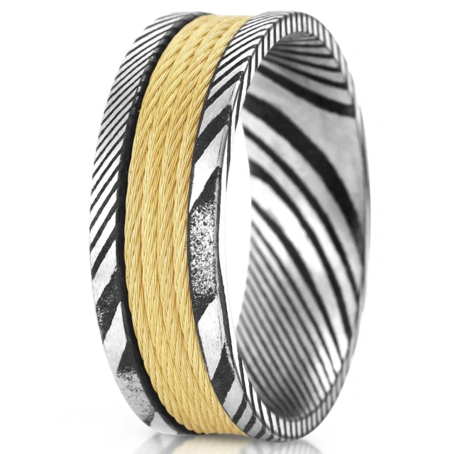 8mm Unisex or Mens Real Damascus Steel Ring Silver Tone Band Inlay and Yellow Gold Wire Inlay Top/Wedding Ring
