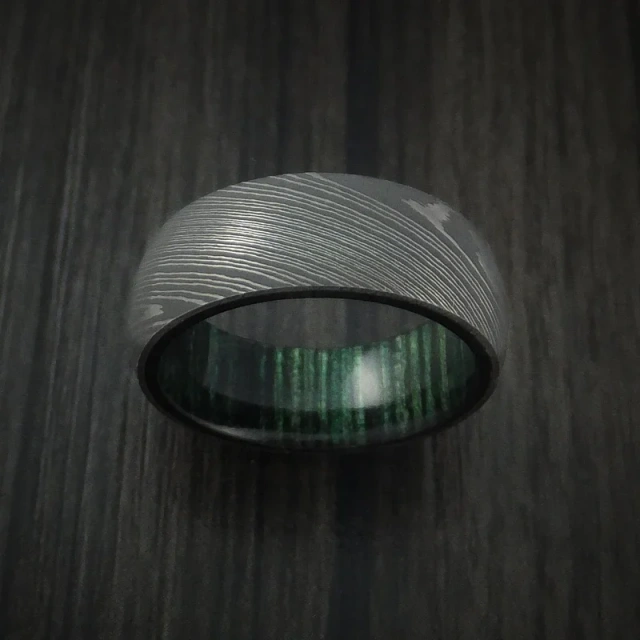 Custom Handmade Damascus 8mm Fashion Jewelry for Men Black Damascus Steel Ring Wood Inlay Damascus Ring