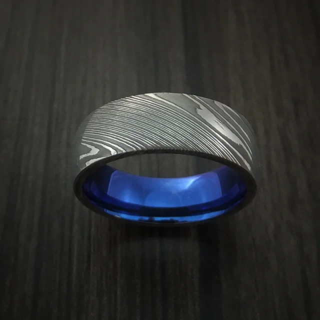 Wholesale Price Domed Surface 8mm Damascus Steel Jewelry for Men IP Blue Damascus Steel Ring Steel Fashion Ring