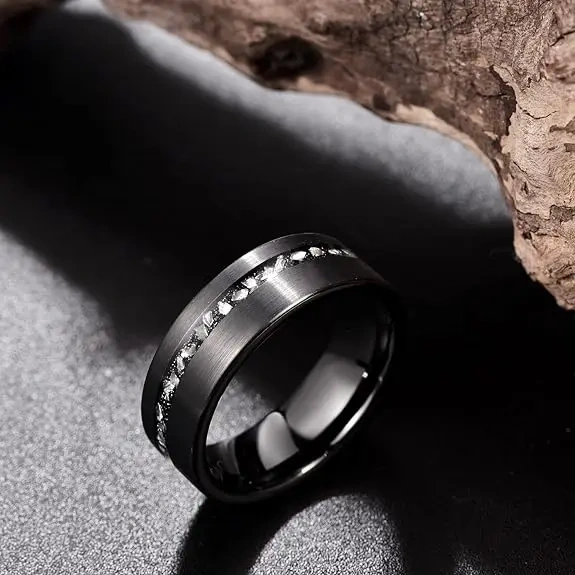 Black Plated Tungsten Ring - Meteorite Stone Inlay - Men Fashion