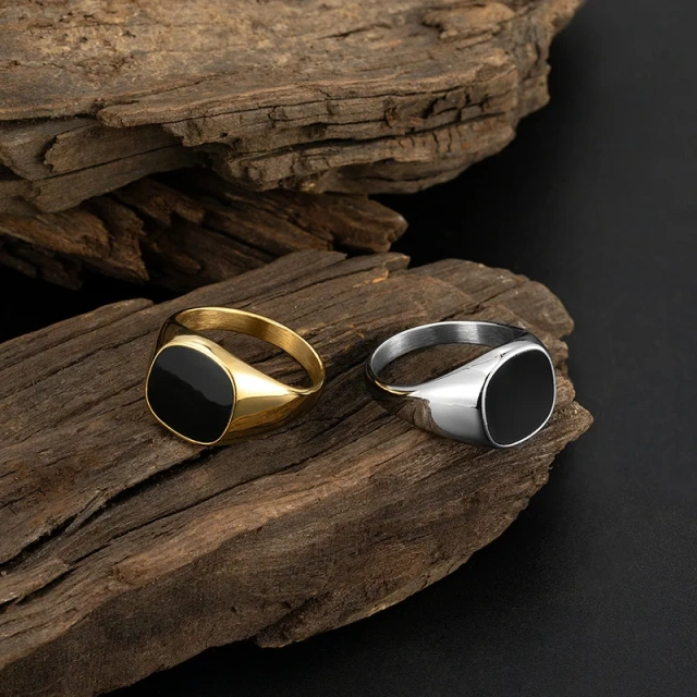 Custom Engagement Black Square Man Rings Geometric Jewelry Large Stainless Steel Gold Wedding Rings