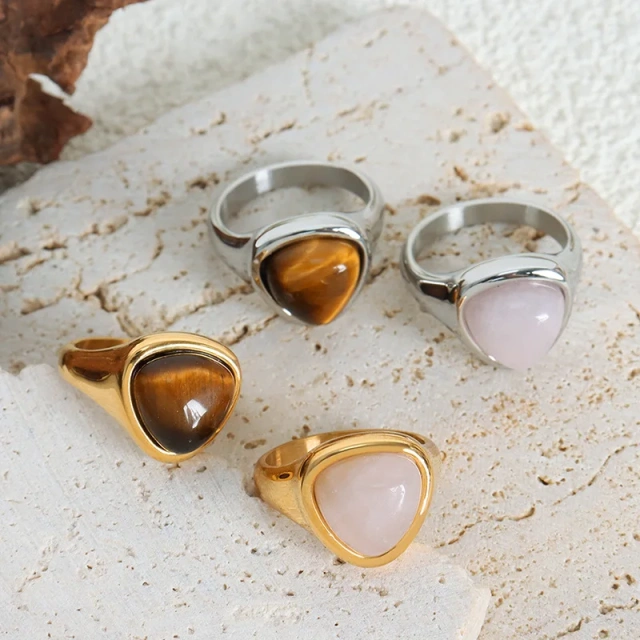 Wholesale Custom Non-fading Fashion Jewelry 18k Gold Plated Stainless Steel Opal Ring Natural Tiger's Eye Stone Ring for Women