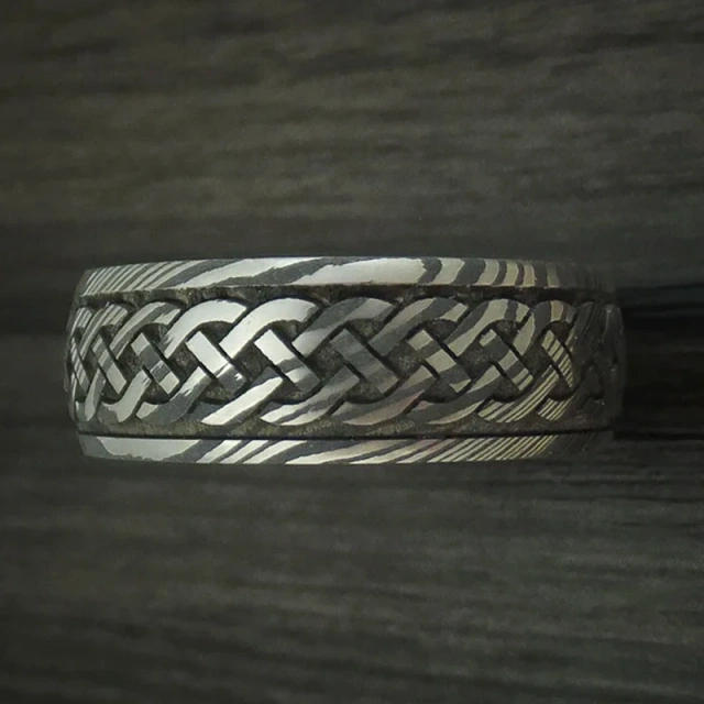 Ouyuan Jewelry Luxury Damascus Steel Ring Inlay Wood Wedding Rings for Men and Women Couple