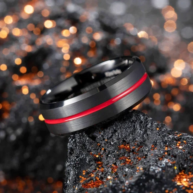 8mm Flat Black Tungsten Rings - Red Grooved Wedding Band