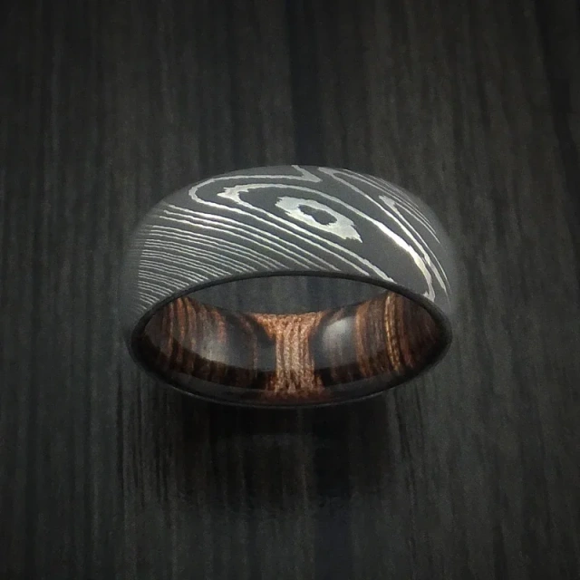 Ouyuan Factory Sell Men Ring 8MM Special Pattern With KOA Wood Damascus Steel Rings Wedding Bands for Men