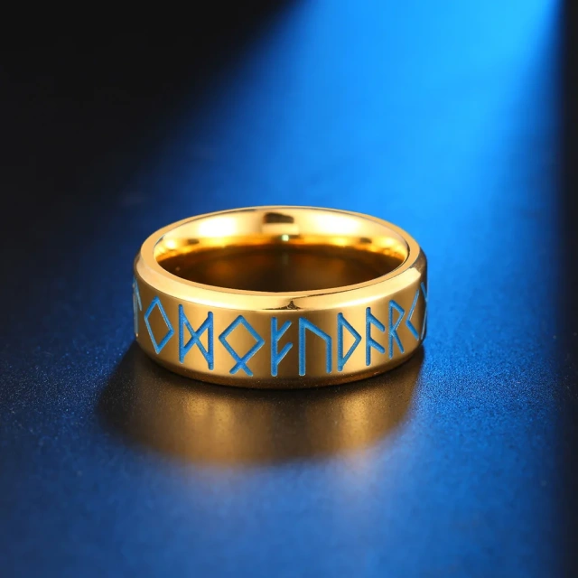 In Stock Simple European Style Men's Ring Jewelry 8MM Engraved Nordic Viking Luminous Glow Ring Stainless Steel Rings