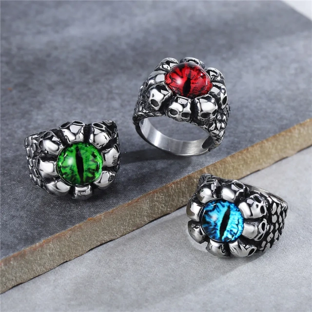 Custom Design Titanium Steel Green/ Blue/ Red Eye Stone Skull Mens Ring Stainless Steel Jewelry for Men Fashion Rings