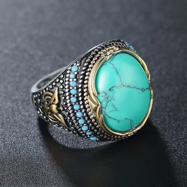 Fashion Jewelry Silver Plated Stone Turquoise Inlay 316 Stainless Steel Rings for Men
