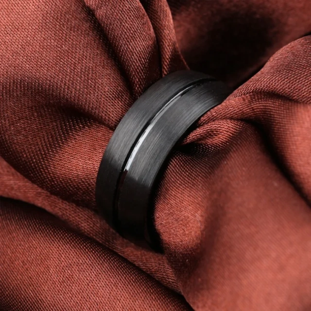 Tungsten Ring 8mm Black Beveled Edges Groove Men Tungsten Band