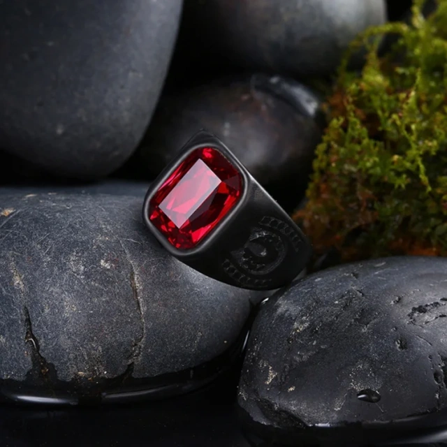 Men Jewelry Stainless Steel Red Gem Stone Black Turkish Rings Men Ottoman