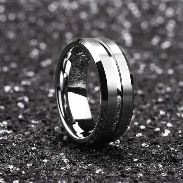 Wholesale 8mm Grooved Brushed Tungsten Rings - Beveled Edge