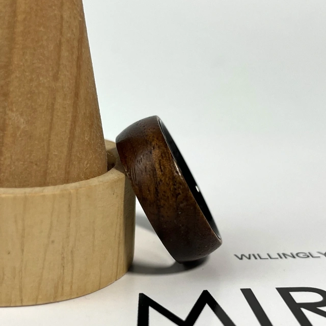 Ouyuan Jewelry Tungsten Carbide Black Zirconium Rose Wood Inlay Wedding Ring Mens Wedding Band