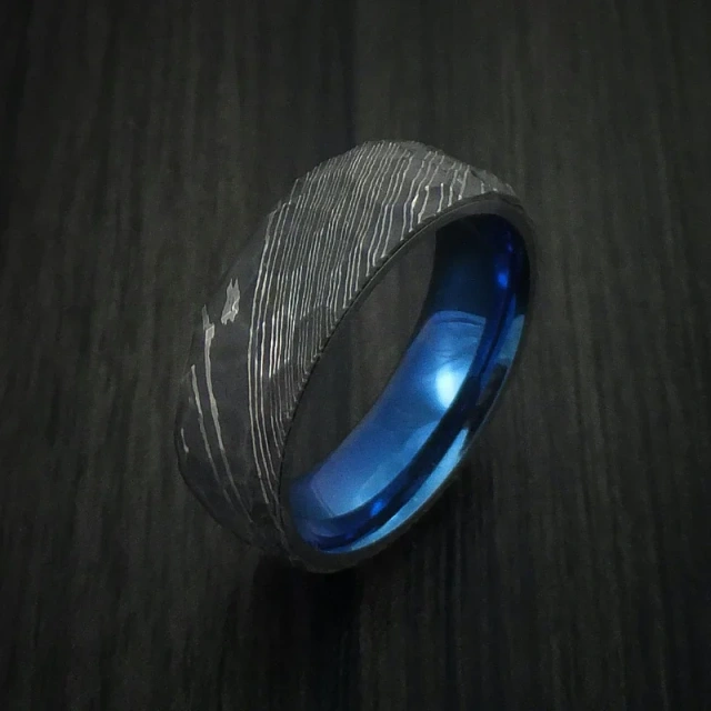 Custom Design Handmade Fashion Rings Black Blue Damascus Steel Jewelri Man Unique Wedding Ring Damascus Steel Ring