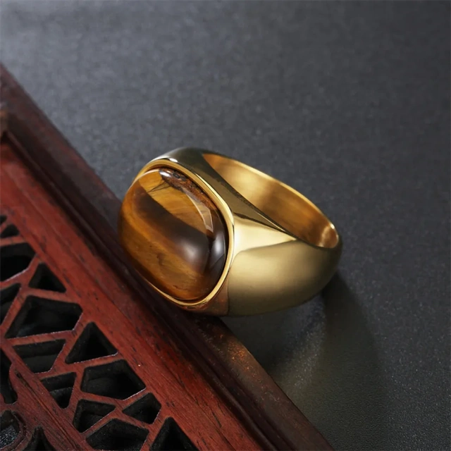 In Stock Men Titamuim Steel Punk Silver Gold Plated Ring for Men Natural Stone Rings With Black Stone and Tiger Eye Stone