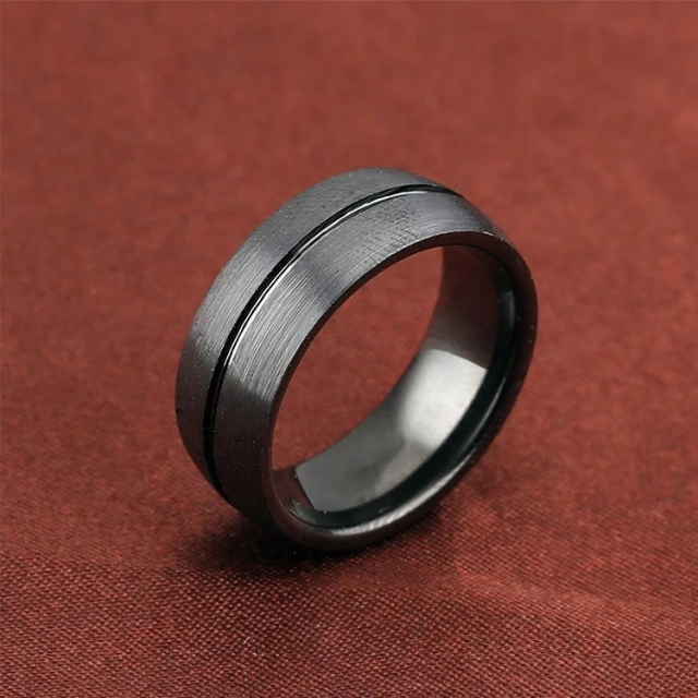 Tungsten Ring 8mm Black Beveled Edges Groove Men Tungsten Band