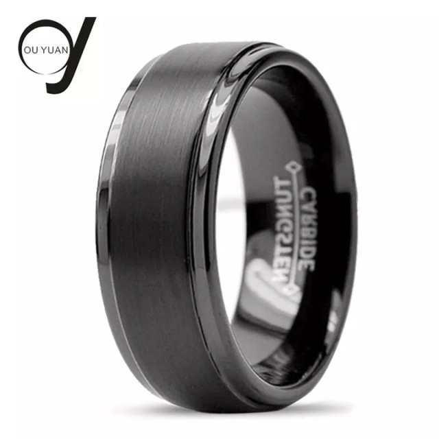 Guangzhou Custom Jewelry Best Selling 8mm Stepped Beveled Edges Brushed Finish Black Tungsten Ring Men Rings for Men