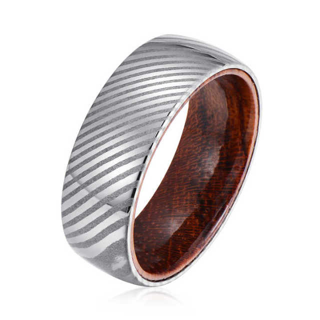 Wholesale Fashion  Rings 8mm Wooden Inlay Damascus Steel Rings for Men Women Wedding Rings Comfort Fit