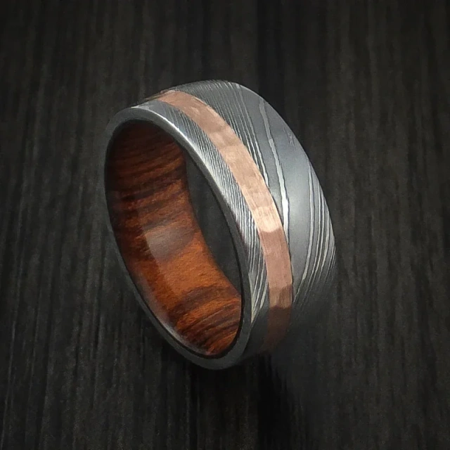 Heavy Damascus Steel Jewelry for Men Women 8MM Domed Custom Handmade Damascus Wood Ring Ring Fashion Man