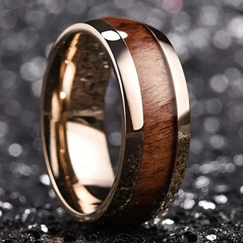 OEM Logo 18K Gold Plated Tungsten Carbide Cock Ring for Men Women Wedding Band Fashion Jewelry Whisky Barrel Wood Inlay