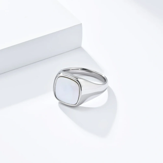 Unique Gorgeous Natural Rectangle White Shellfish Ring 18k Gold Plateding Stainless Steel Wedding Band Lovers Ring