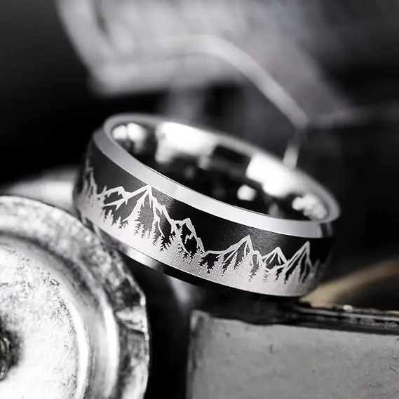 8mm Black Plated Men Laser Tungsten Ring with Laser Pattern comfort It Ring