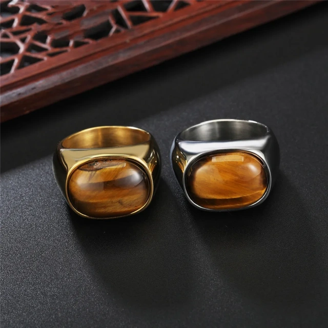 In Stock Men Titamuim Steel Punk Silver Gold Plated Ring for Men Natural Stone Rings With Black Stone and Tiger Eye Stone