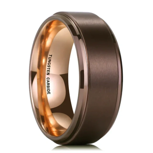 8mm Rose Gold Plated Tungsten Rings - Brushed Stepped Beveled