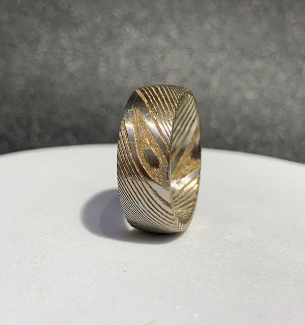 Wedding Band Ring Dome High Quality Damascus Steel Inlay Whiskey Barrel Wood 8mm Engagement Men's Gift Party