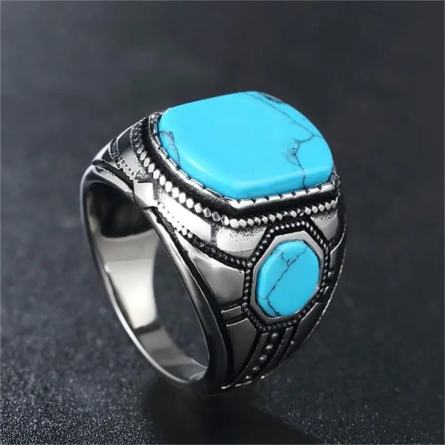 Fashion Cheap Price Man Punk Jewelry Turquoise Stone Stainless Steel Silver Plated Ring Men