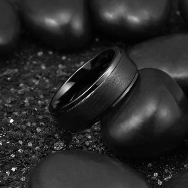 8mm Black Plated Tungsten Rings - Irregularly Brushed Center