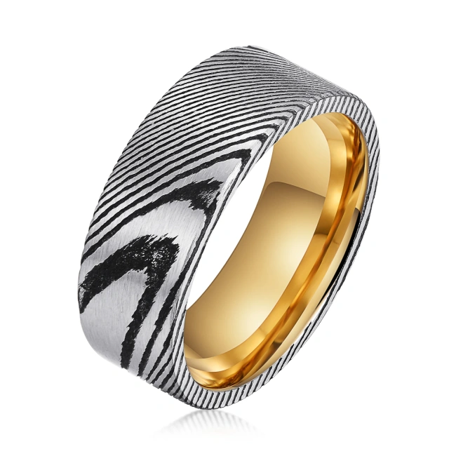 Wholesale Fashion  Rings 8mm Wooden Inlay Damascus Steel Rings for Men Women Wedding Rings Comfort Fit