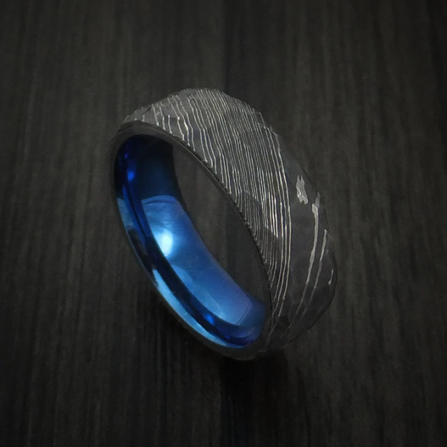 Ouyuan Jewelry Mens Wedding Bands 8mm Black Damascus Steel Rings Blue Inner Face Comfort Fit