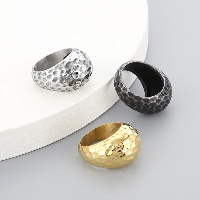 In Stock Men Unique Retro Gold/silver/black Stainless Steel Pitted Surface Jewelry Ring
