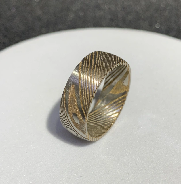 Wedding Band Ring Dome High Quality Damascus Steel Inlay Whiskey Barrel Wood 8mm Engagement Men's Gift Party